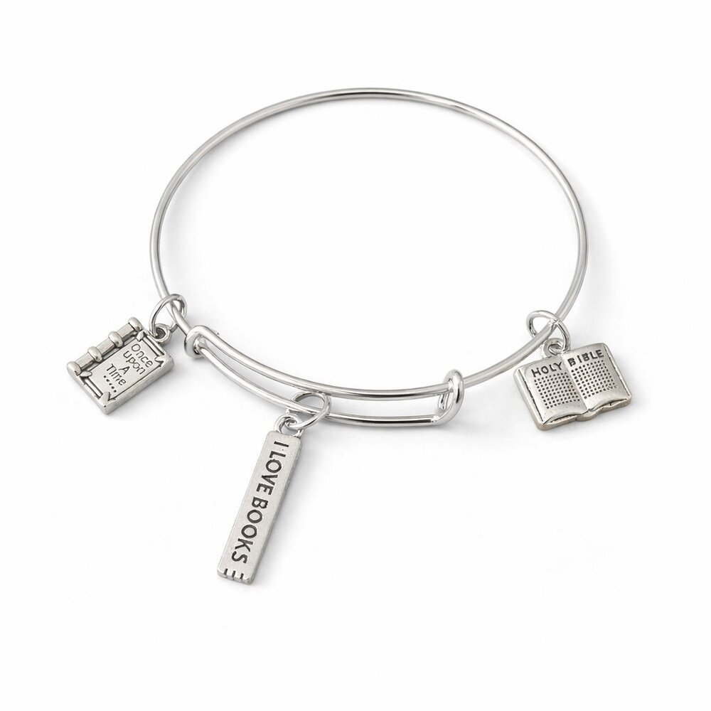 Silvertone Book Lover Charm Bangle Bracelet – Faith & Literature Inspired